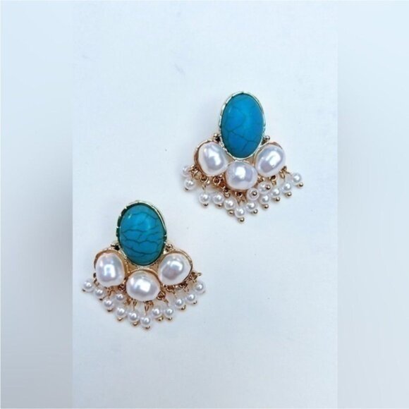 Bohemian Vintage  inspired Turquoise Stone Tassel Dangle White Pearl  Earrings - Picture 1 of 6